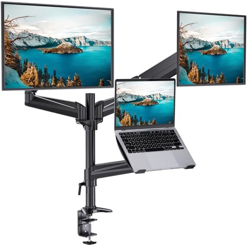 Dual monitor arm with integrated laptop tray