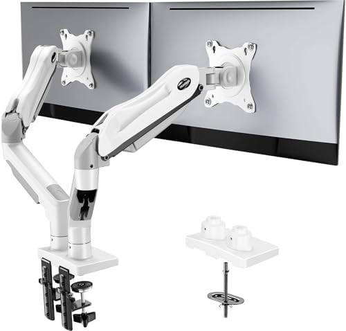 White adjustable dual monitor stand for 32 in screens