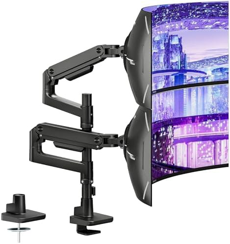 Black dual monitor arm for 49 inch screens
